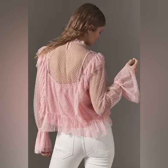 Anthropologie Pink Long Sleeve Ruffle Blouse Fairy Boho Cottagecore Medium - Picture 2 of 8